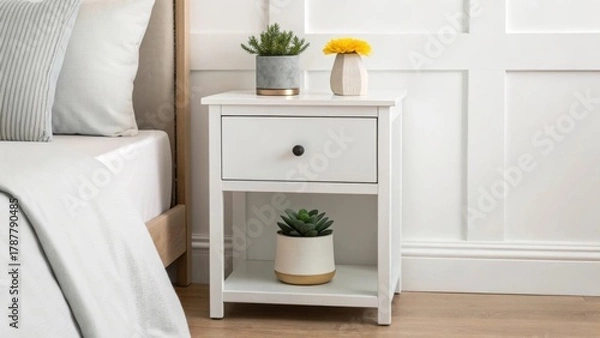 Obraz Create a serene minimal modern bedroom with a white nightstand featuring a small pot of succulents and daisies in clean soft tones