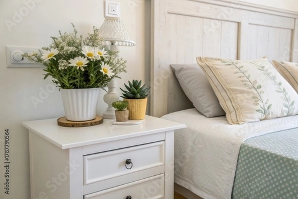 Obraz Create a serene minimal modern bedroom with a white nightstand succulent and daisies in clean soft tones