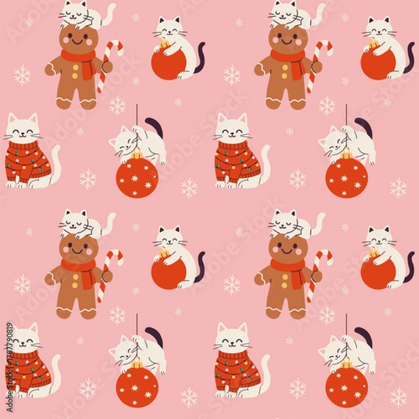 Fototapeta Colorful pattern featuring playful cats and festive gingerbread cookies on a pink background