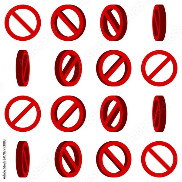 Fototapeta 3D Style 16-Frame Sprite Sheet of Rotating Red No Sign General Prohibition Restricted or Forbidden Circle-Backslash Icon Set for Game or App Animation. Vector Image.
