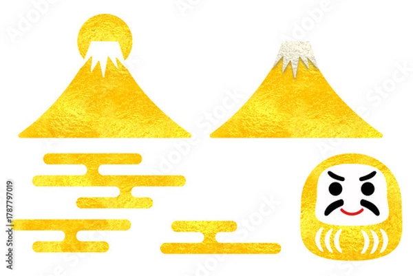 Obraz お正月用金素材のイラストセット　富士山　工霞　ダルマ