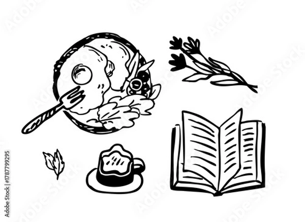 Fototapeta Cozy Morning Lifestyle Doodle Collection. Breakfast, Coffee, and Reading Book Set. Outline Hand-Drawn Vector Illustration