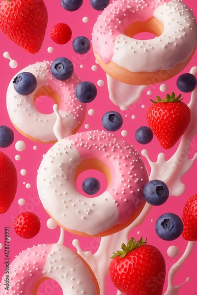 Fototapeta An image of bright, delicious donuts with fruit glaze