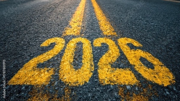 Fototapeta Yellow road markings display the year 2026 on a straight asphalt road under a blue sky. The scene suggests journey and anticipation for the upcoming years