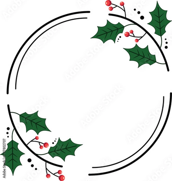 Fototapeta Christmas floral frame with a circle, round, or rectangle. Doodle-style wreath. Vector illustration for Christmas and wedding decor.