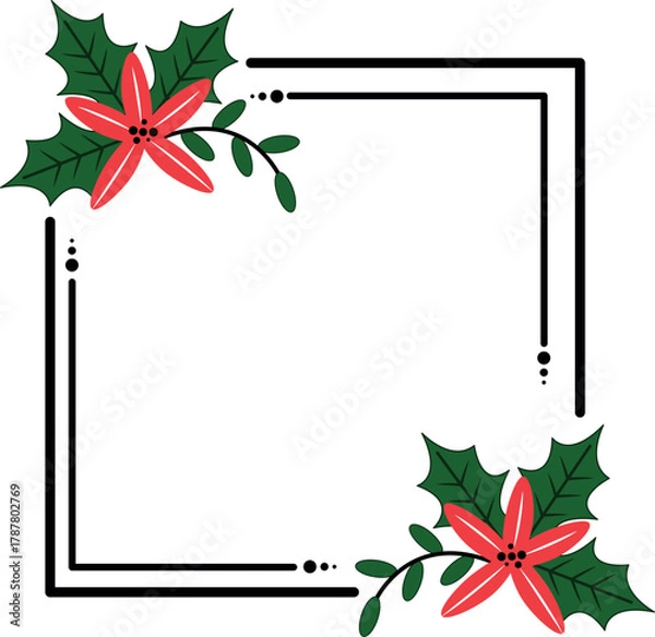 Obraz Christmas floral frame with a circle, round, or rectangle. Doodle-style wreath. Vector illustration for Christmas and wedding decor.