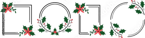 Fototapeta Christmas floral frame with a circle, round, or rectangle set. Doodle-style wreath. Vector illustration for Christmas and wedding decor.