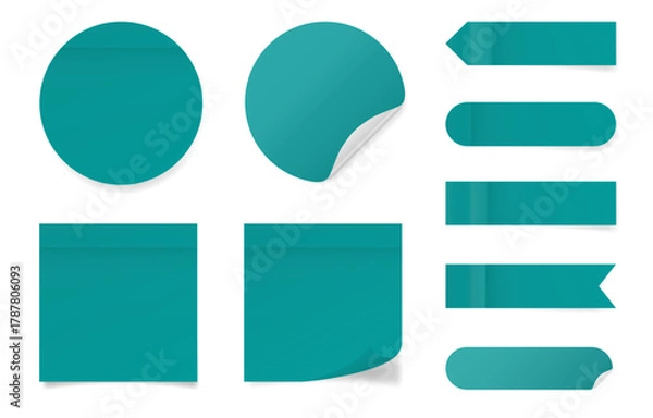 Obraz Set of square and round paper stickers. Teal green stick in notes. Post it notes. Sheets of paper. Tag, sticky note. Pointed bookmarks