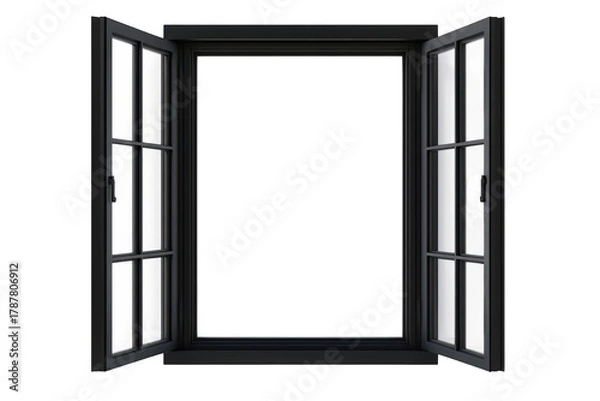 Fototapeta A modern black-framed window with open double doors. a bright. empty space beyond. ideal for interior design concepts and architectural visualization