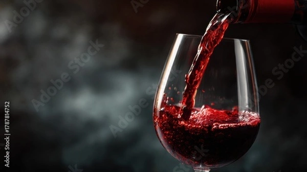 Fototapeta A hand holds a bottle as red wine flows smoothly into a clear glass