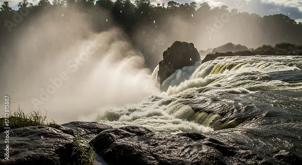 Fototapeta Powerful waterfall cascading over rocks with mist and forest backdrop.