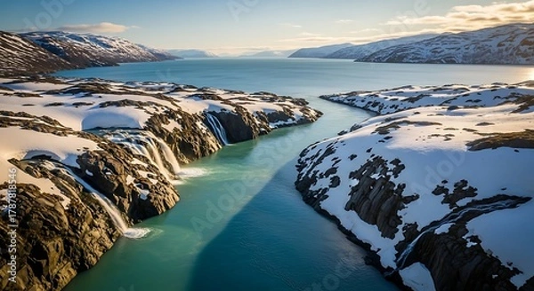 Fototapeta Stunning aerial view of a turquoise river flowing through a snowy landscape.