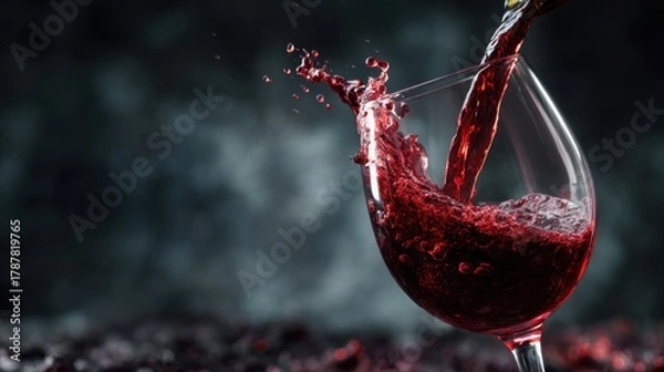 Fototapeta A hand pours rich red wine into a clear glass against a dark backdrop, creating splashes that enhance the vibrant color. The scene captures the elegance of wine pouring