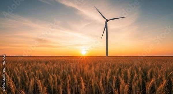 Fototapeta Wind turbine in a field at sunset, generating clean energy.