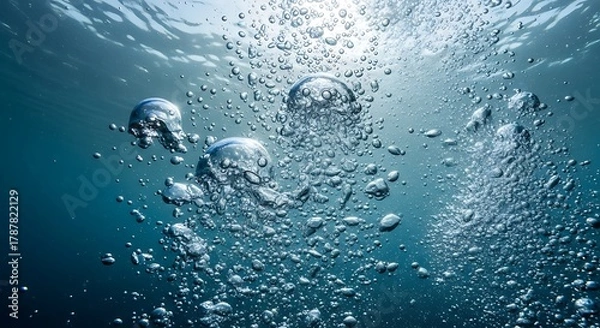 Fototapeta Underwater Bubbles Ascending Towards the Surface in Clear Blue Water.