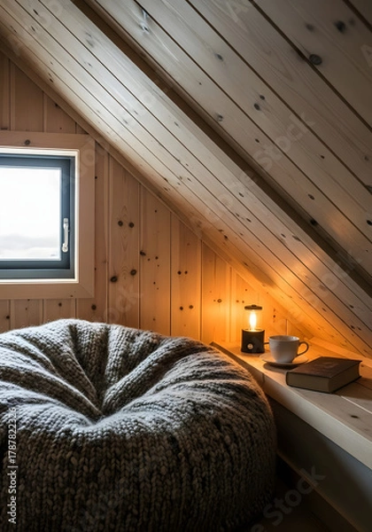 Fototapeta Cozy attic nook with knit chair