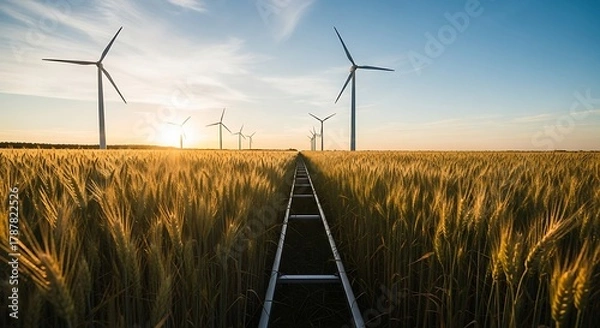 Fototapeta Wind turbines in a wheat field at sunset, renewable energy.