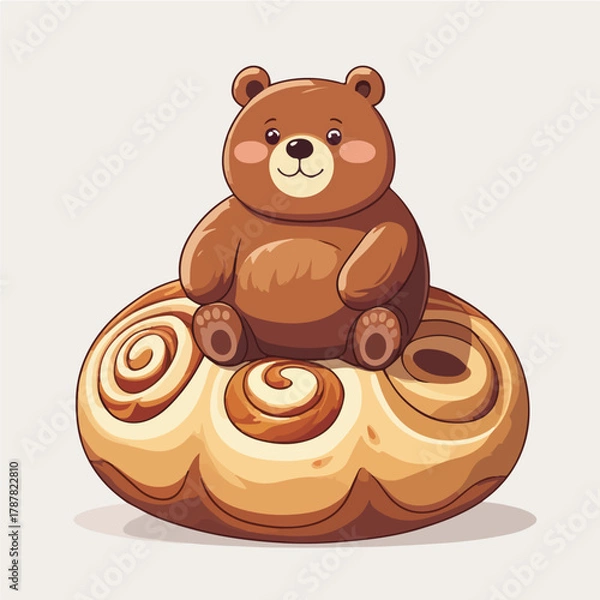 Fototapeta Chubby bear sitting on cinnamon roll like cushion