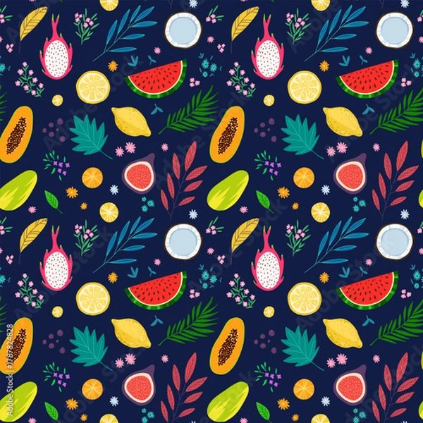 Fototapeta Summer and spring tropical seamless pattern with tropical fruits, flowers and plants. Textile pattern with healthy food, vector illustration