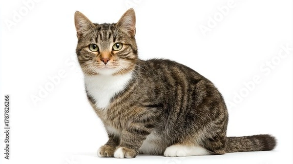 Fototapeta Studio portrait of a sitting tabby cat looking forward against a white back ground
