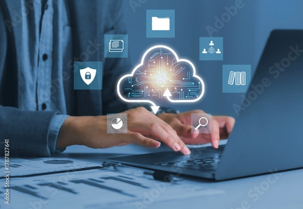 Fototapeta Cloud computing enables digital growth with secure data storage, scalable infrastructure, and cloud-based business solutions for transferring data to the cloud.
