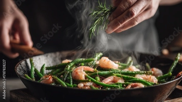 Fototapeta Seafood, Professional cook prepares shrimps with sprigg beans. Cooking seafood, healthy vegetarian food and food on a dark background. Horizontal view. Eastern kitchen