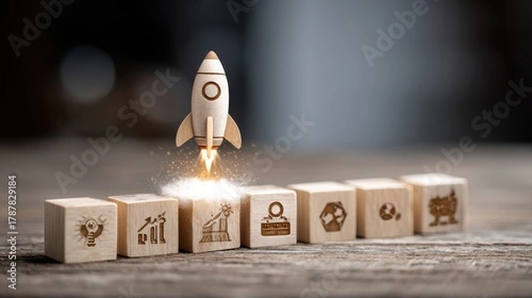 Fototapeta Rocket launching from wood cube with business icon, Start-up, Creativity, Big idea, Business goals management, Investment on new project to wealth, Company strategy target, Sustainable financial plan