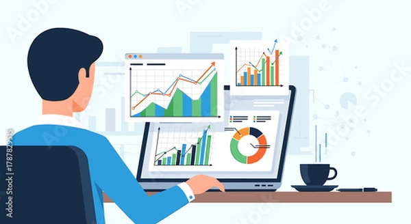 Obraz Man analyzing business data and charts on a laptop with a cup of coffee on the desk.
