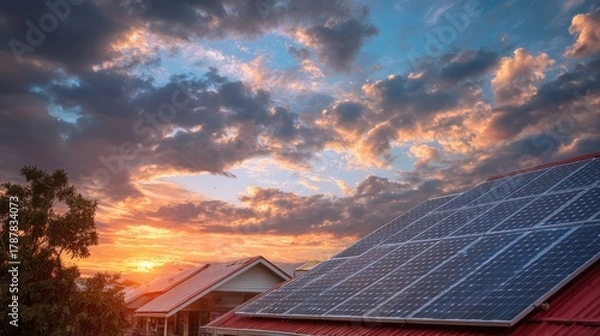 Fototapeta Photo collage of solar panels, photovoltaics on the red roof of a house and a beautiful sky with the setting sun. Alternative electricity source. Concept of sustainable resources