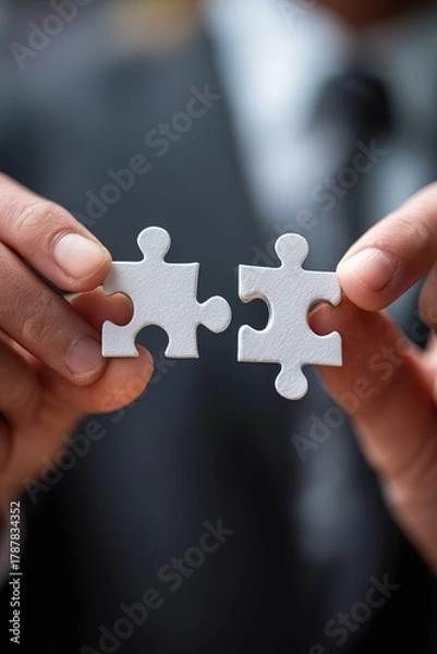 Fototapeta Hands joining puzzle pieces, symbolizing partnership, solution, teamwork.