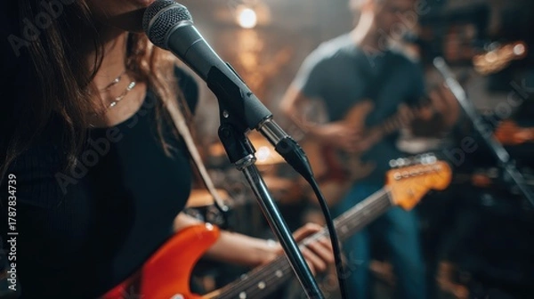 Fototapeta People in the band are practicing music with the singer's microphone.