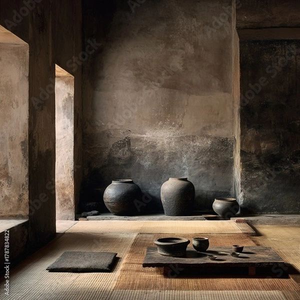 Obraz Serene, wabi-sabi inspired room featuring traditional pottery on tatami mats.