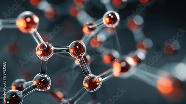 Fototapeta Molecules, 3D model. Atoms, chemical bonds, biomolecules molecular nano structure. Innovation in science, DNA, medicine, education. Chemistry science research, biology, pharmaceuticals biotechnology