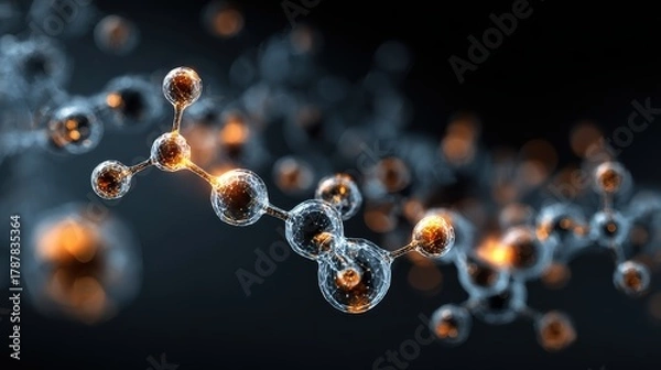 Fototapeta Molecules, 3D model. Atoms, chemical bonds, biomolecules molecular nano structure. Innovation in science, DNA, medicine, education. Chemistry science research, biology, pharmaceuticals biotechnology