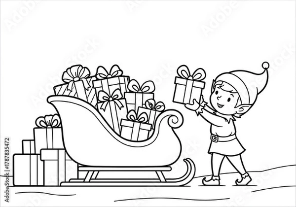 Fototapeta Christmas elf loading gifts into sleigh in outline style
