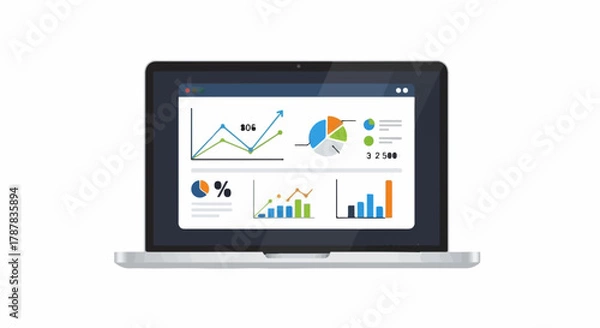 Obraz Modern laptop displaying colorful business analytics charts and graphs on a clean white background.