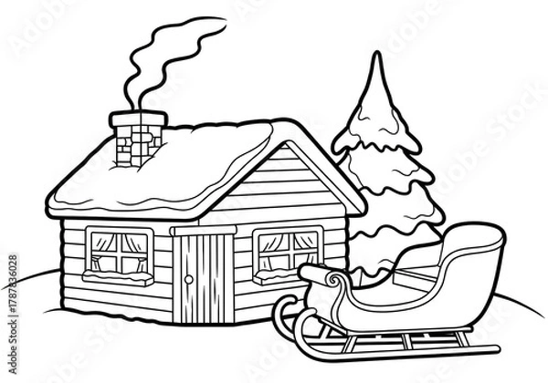 Fototapeta Winter cabin with smoking chimney and sleigh beside snow-covered tree in outline style