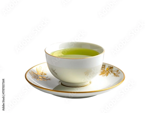 Obraz Fine porcelain cup & saucer hold bright green tea, against black background
