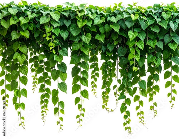 Obraz Dense, vibrant green leafy vines hanging down against a stark black background