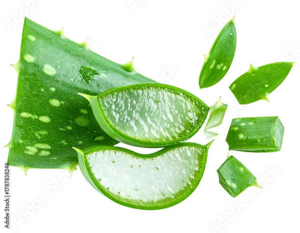 Obraz Fresh green aloe vera slices and leaves, wet, with dark background
