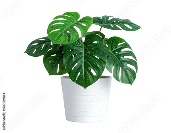 Obraz Lush, green plant in a white, ribbed pot, against a stark black background