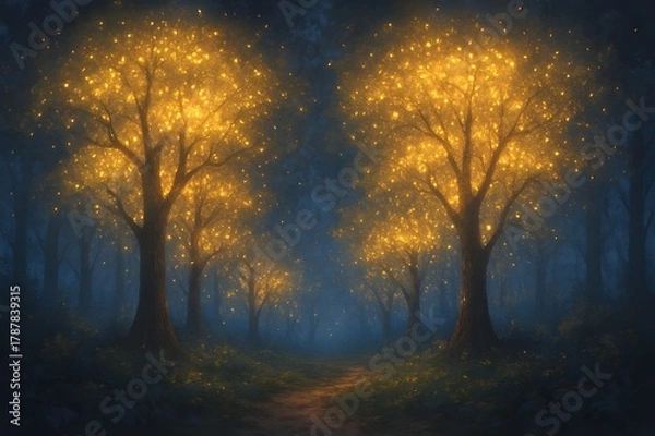Fototapeta enchanted forest illuminated by glowing light trees