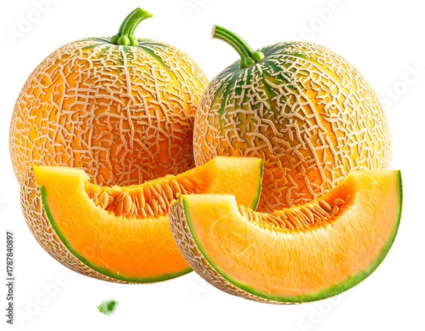 Obraz Ripe cantaloupes with fresh slices, showcasing vibrant orange flesh