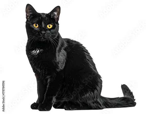Obraz Sleek black cat with striking yellow eyes sits alertly