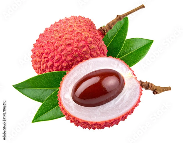 Obraz Two exotic fruits, one halved, reveal a dark seed, bright leaves accent