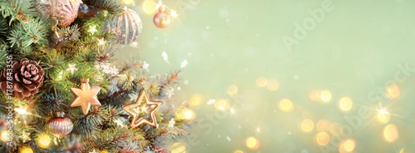 Fototapeta Christmas Ornaments On Tree - Lights Glowing In Fir Branches With Pine Cone And Green Abstract Background