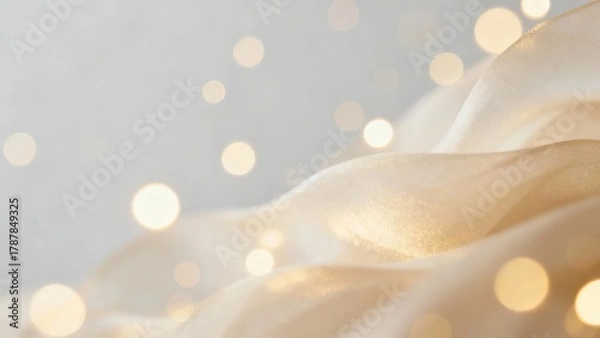 Fototapeta A soft, golden fabric draped elegantly with bokeh lights creating a dreamy and ethereal atmosphere.