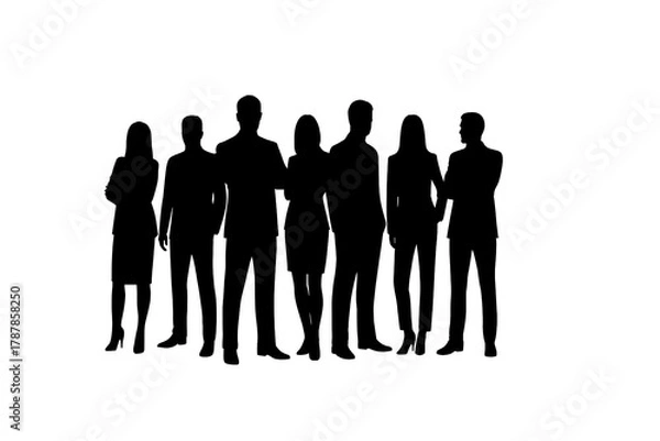Fototapeta Silhouettes of diverse business people team standing together, professional group meeting concept isolated on transparent background