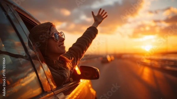 Fototapeta joyful driver enjoying sunset view from car personal freedom