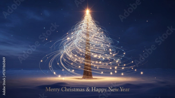 Fototapeta A shining Christmas tree made entirely of glowing, sparkling light paths. The Christmas tree is set against a midnight blue sky.